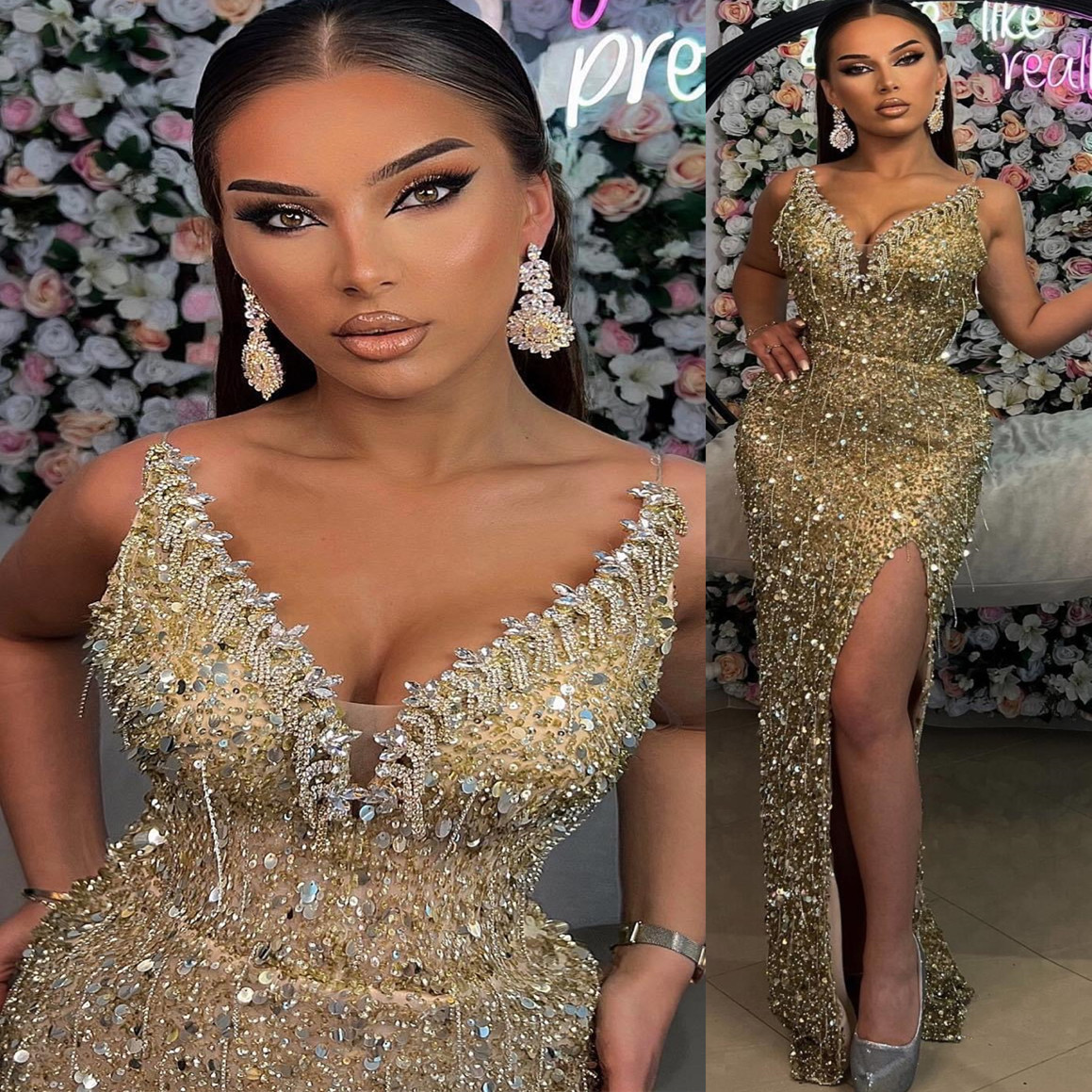 Gold Sheath 2023 Graduation Dress High Split Sequined Lace Sexy Homecoming Party Formal Tail Prom Gowns Dresses ZJ422 ES