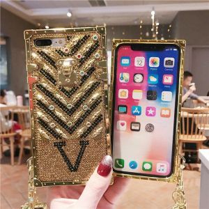 Gouden glans telefoonhoesje luxe ontwerper mode vierkante telefoons hoesjes klassieke diamanten ketting iPhone 13 11 12 pro Max 7 8 X XS hoge kwaliteit