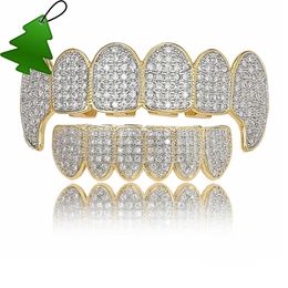 Gouden glanzende geperken tanden grillz strass bovenste bodem grills set hiphop sieraden