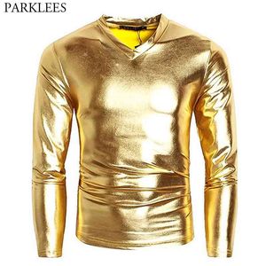 Gold Shiny Metallic Disco Tshirt Hommes Slim Fit Col V Discothèque Stage Prom T-shirt Homme Hip Hop Party Rave Tops Tee Camisetas 5X 210522