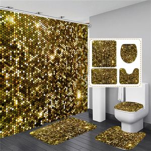 Mosaïque brillante dorée avec motif coloré, rideaux de douche de salle de bains, tapis de couverture d'abattant de toilette, tapis antidérapant, tapis de bain, décoration de maison 240226