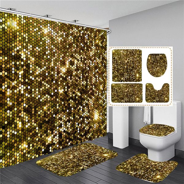Mosaïque brillante dorée avec motif coloré, rideaux de douche de salle de bains, tapis de couverture d'abattant de toilette, tapis antidérapant, tapis de bain, décoration de maison 240226