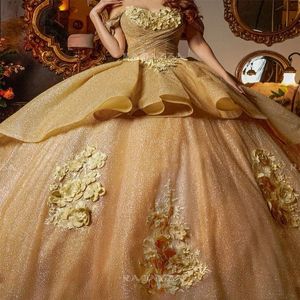 Or brillant Quinceanera robes exquise de l'épaule chérie Appliques dentelle fleur fête d'anniversaire robe de bal robes de 15