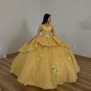Goud glanzend lovertjes Quinceanera -jurken Off Shoulder 3Dfloral Appliques Lace Corset voor zoete 15 meisjes feestjurken