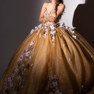 Robe De Quinceanera dorée brillante, épaules dénudées, avec des fleurs appliquées, robe princesse papillon, robe De fête d'anniversaire, 16 ans