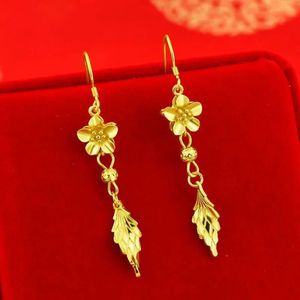 Boutique d'or avec 999 boucles d'oreilles en or 24 Kouilles d'oreilles en or de tempérament de fortune Fleurous Fleur et boucles d'oreilles solides à gouttes d'oreille à feuilles 240422