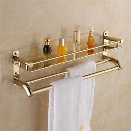 Gouden douchereklaag Nummer badkamer accessoires badkamer handdoekplank 2 laag hoekopslaghouder planken badhardware set T200801