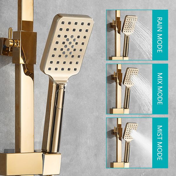 Juego de ducha de oro Baño Sistema de ducha LED digital Montaje de pared Termostático grifo de baño con batidora fría de agua fría grifo de lluvia