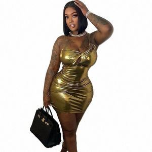 Gold Sier Metallic One Shoulder Bodyc Dr for Women 2023 Ruches Sexy Bandage Mini Dr Night Club Short Party Dres A51K#