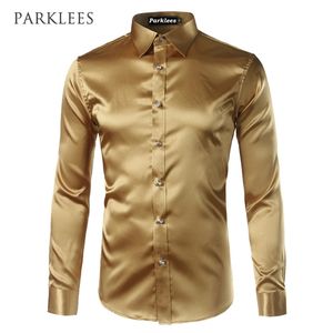 Gouden zijde satijnen shirt heren chemise homme mode heren slanke fit lange mouw emulatie knop donsjurk rood 210809