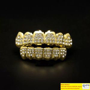 Or argent 8 diamant dents grillz ensemble Bling glacé fausses grilles dentaires pour femmes hommes corps bijoux accessoires