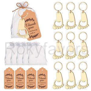 Gouden/zilveren babyvoeten flesopener met tag n organza tas baby shower party gunsten evenement giveaways doop geschenken tafel receptie ideeën