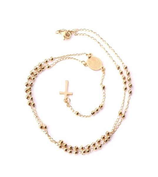 Collier perlé en argent en or Longueur en acier inoxydable 52 cm 7cm Rosaire Bijoux religieux catholiques232i2679089