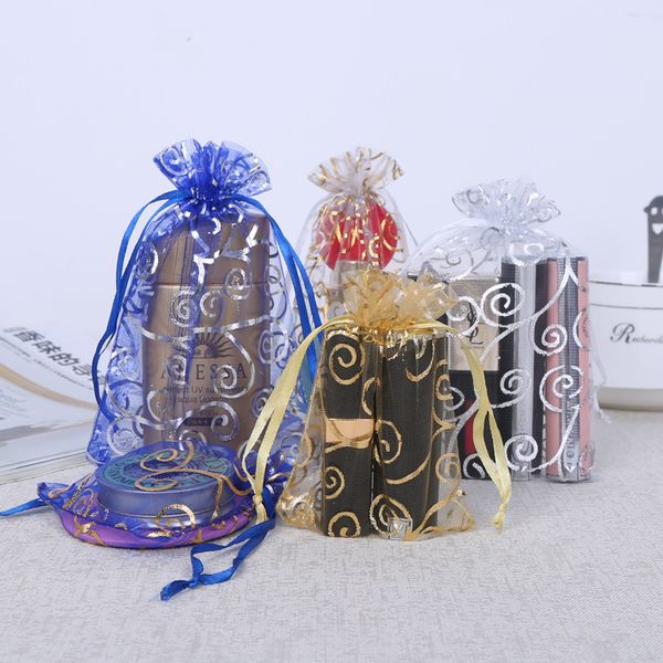 Diseños bronceadores de bastón dorado y plateado, bolsas de regalo de Navidad, bolsas con cordón de Organza, bolsas de dulces al por mayor, paquete de joyería