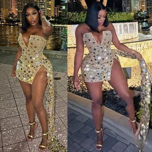 Vestidos de cóctel de oro dorado con cuello en v chispas lentejuelas de tul de tul cortos vestidos de baile de baile de graduación para mujeres