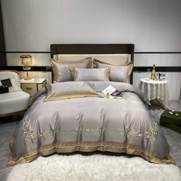 Or argent café broderie ensemble de literie de luxe reine king size tache literie linge de lit 4 pièces coton soie housse de couette ensembles bed2692