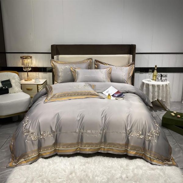 Or argent café broderie ensemble de literie de luxe reine king size tache literie linge de lit 4 pièces coton soie housse de couette ensembles bed249T