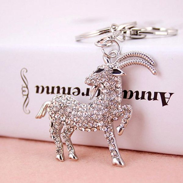 Or Argent Couleur Porte-clés En Alliage Plein Strass Pavé Animal Chèvre Pendentif Porte-clés 50 * 47mm Accessoire De Voiture Sac Porte-clés Accessoires