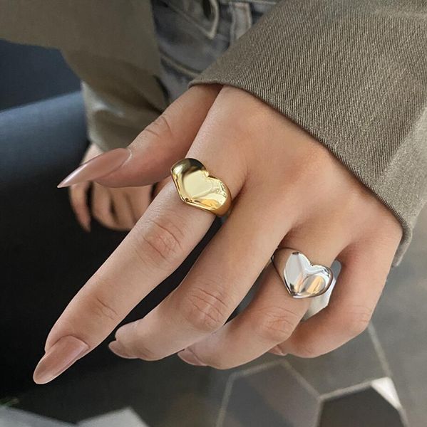 Bague en or couleur or argent, tendance créative, en forme de cœur, lumière de luxe, Texture métallique, bijoux de Couple pour filles