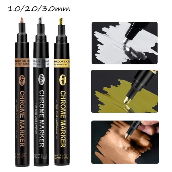 Gold Silver Copper Liquid Metallic Chrome Marker Pen Art Pintura Papeta de papelería impermeable Efecto reflectante Pen