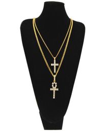 Gold Silver egipcio ankh con collar cruzado set bling rhinestone crystal key collares cruzados de hip hop joyería 7465182