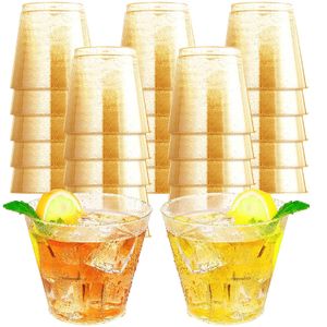 Gouden zilveren glitter wegwerp 9oz/270 ml Clear Hard Plastic Wine Cups Fancy Tumblers For Wedding Cups Elegant Party