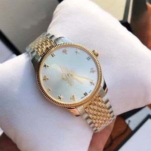 Or argent haute qualité 36mm 29mm unisexe dames montre mouvement à quartz montre boîtier en acier inoxydable motif abeille seconde main 303V