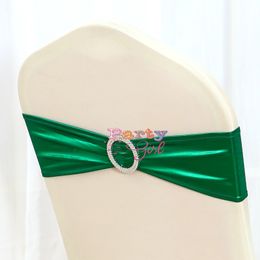 Gold Silver Lycra Chair Band Spandex Sash Tie Bow met ronde gesp voor stoelhoes Wedding Kerst evenementenfeest Decoratie