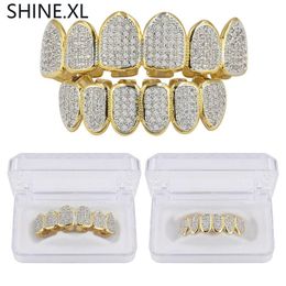 Dientes de vampiro de Hip Hop chapados en oro y plata Grillz superior e inferior helado Micro Pave CZ Stone Bling Body Jewelry