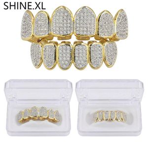 Or Argent Plaqué Hip Hop Vampire Dents Grillz Haut et Bas Glacé Micro Pave CZ Pierre Bling Corps Jewelry240y