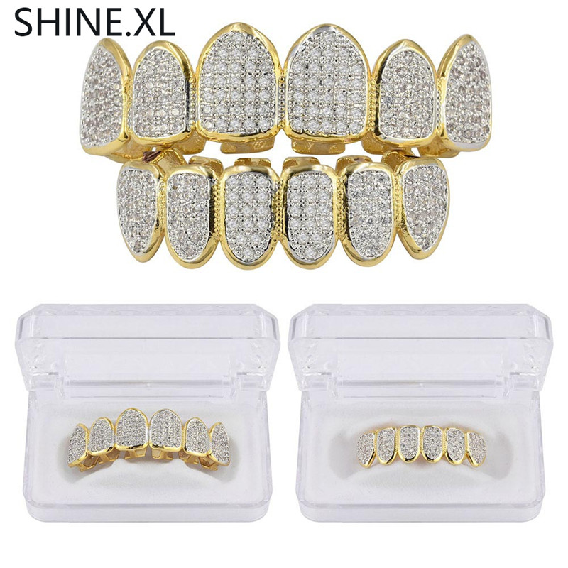 Gold Silver Plated Hip Hop Vampire Teeth Grillz Top and Bottom Iced Out Micro Pave CZ Stone Bling Body Jewelry