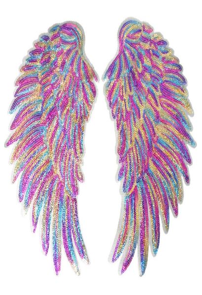 Gold Silver Rainbow Sequin Feather Angel ailes coudre le fer sur des plaques 33 cm pour le jean robe chemise DIY Appliques décoration5122432