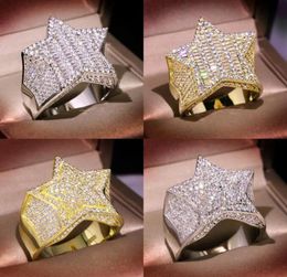 Gol Silver Ring Stones Hip Hop Hop Hop Bling Cubic Zirconia Fivetjeted Star Rings for Men Women Jewelry3038624