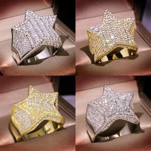 Bague en argent or pierres de haute qualité Hip Hop Bling zircon cubique bagues étoile à cinq branches pour hommes femmes bijoux