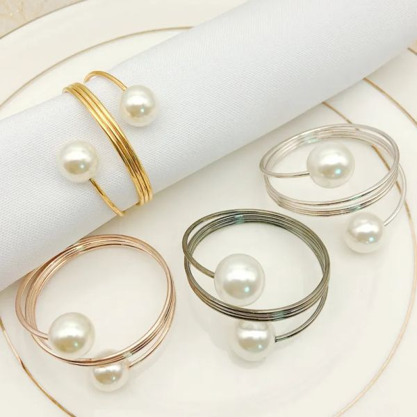 Anillo para servilleta con doble perla de primavera y plata dorada, decoración de comida occidental, anillos para servilletas, decoración de mesa para fiesta, Festival de boda, TH1322