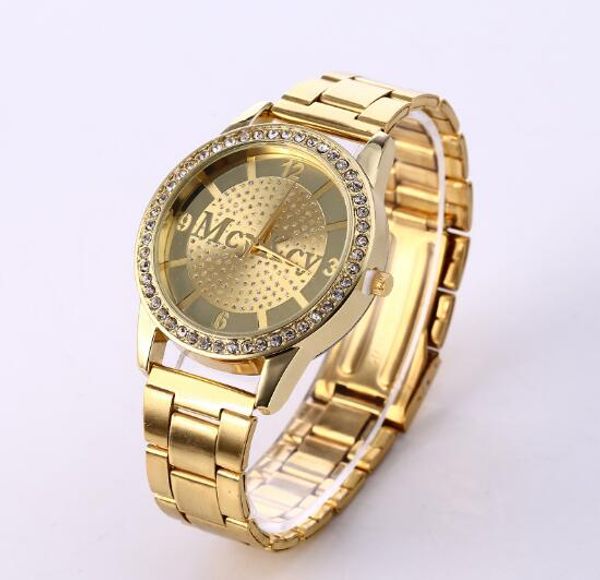 Oro plateado Oro rosa Lujoso cristal Escala digital simple Tira de acero Reloj de pulsera Reloj de pulsera de cuarzo de alta calidad para hombre y mujer