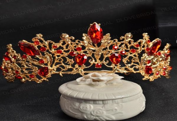 Diadème de mariée en argent doré avec cristal rouge de haute qualité superbe grande couronne de concours sans peigne accessoires de cheveux de fête d'anniversaire Po3536634