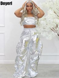 Gold Sliver Metallic Verjaardagsoutfits Dames Twee stuks Sets Club Party Crop Top en broek Street chic Hip Hop Rave Festival Outfit 240123