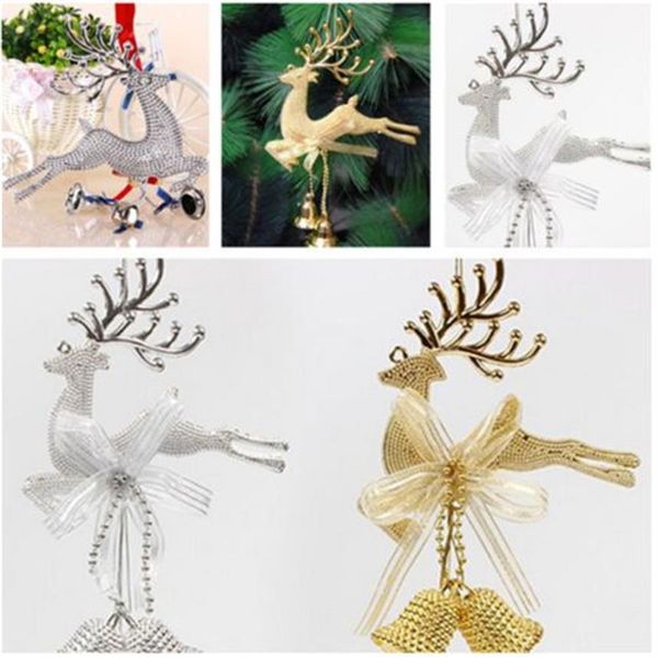 Adorno colgante de árbol de Navidad de Reno dorado y plateado, decoración navideña para fiesta, ciervo con campanas, adornos para fiesta, 337a
