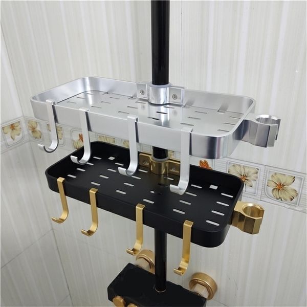 Cesta de ducha de aluminio con espacio dorado con ganchos, estante de varilla de montaje en pared, estante de almacenamiento para baño, organizador de baño, soporte para champú Y200407