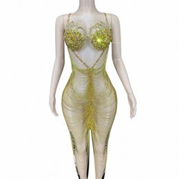 Or Spaghetti Sangle Creux Out Backl Brillant Rhinestes Chaîne Sexy Femmes Dr Discothèque Prom Party Vêtements Costume de Scène v5r7 #