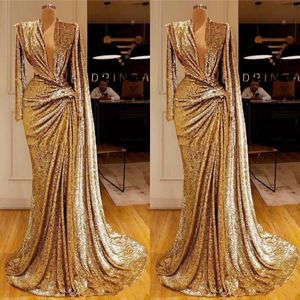 Gouden glitterjurken met diepe v-halsplooien, lange mouwen, lovertjes, zeemeermin, galajurken, Dubai Afrikaanse speciale Ocn-jurk