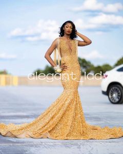 Robe de bal longue sirène scintillante en or pour filles noires, robe de soirée de luxe avec pompon et diamants