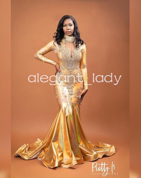 Robe de soirée trompette dorée scintillante pour filles noires, robe de bal de luxe scintillante en cristal et diamant, 2024