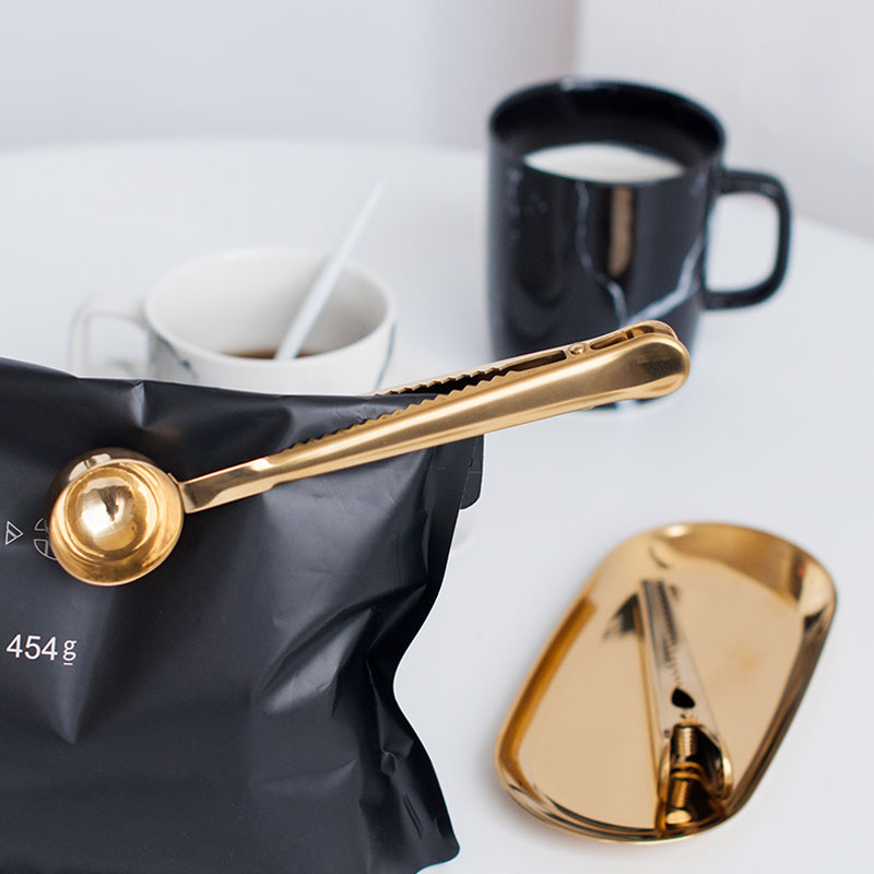 Gold Steel Coffee Spoon with Bag Clip Drinkware Tool - Multi-functional, Ground Coffee Scoop.