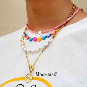 Goud Rvs Cubaanse Link Chain Choker Kralen Hart Parels Shell Moon Evil Eye Fashion Cross Hanger Ketting voor Vrouwen