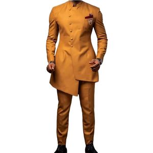 Trajes de hombre con cuello levantado dorado, trajes de novio de boda Serge, trajes de graduación terno masculino, chaqueta ajustada de dos piezas, pantalón de alta calidad 339Y