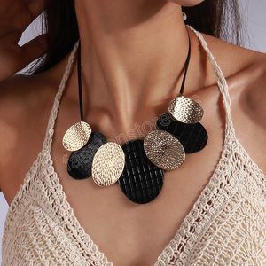 Bohème Noir PU En Cuir Géométrique Rond Pendentif Collier Vintage Simple Double Couches Déclaration Collier Bijoux