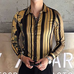 Camisa a rayas doradas Hombres Casual Slim Fit Manga larga Camisas de vestir para hombre Ropa de calle de lujo Ropa de esmoquin social Blusa Masculina 210527