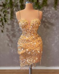 Gouden prachtige staartjurken voor damesfeestformales pailletten korte galajurken spaghetti vestidos de fiesta
